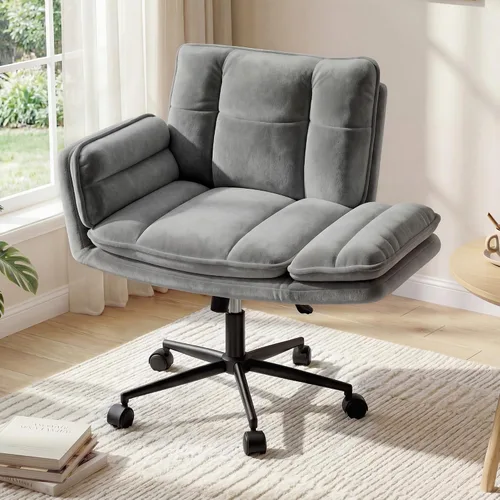 Vista 9 de DurayLoly Silla Criss Cross con ruedas, silla de escritorio rosa con reposabrazos ajustables, silla de tocador con respaldo para dormitorio, sala