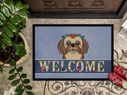 Vista 3 de Caroline's Treasures BB1435JMAT - Tapete de bienvenida Shih Tzu color marrón chocolate, 24 x 36 pulgadas, tapete azul para puerta delantera