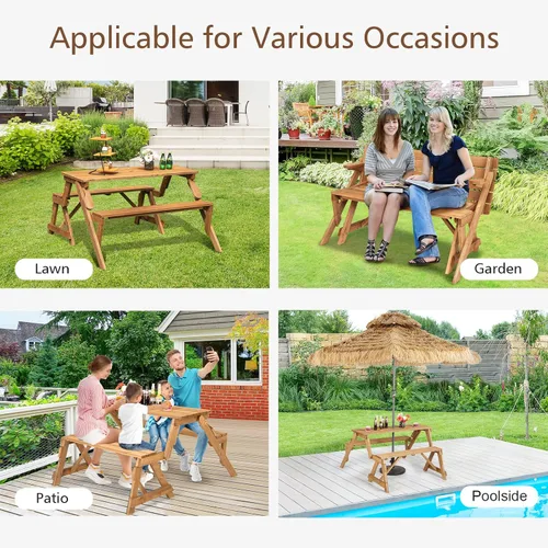 Vista 9 de GYMAX Mesa de picnic, juego de mesa de picnic convertible 2 en 1, mesa de picnic de madera intercambiable transformable con agujero para paraguas
