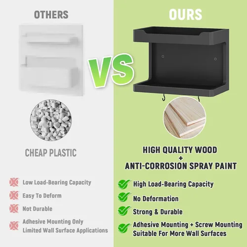 Vista 4 de NiHome Organizador Grande de Mesita de Noche de Madera para Montar en la Pared, Estantes de Almacenamiento Dobles y Ganchos Magnéticos, Estante