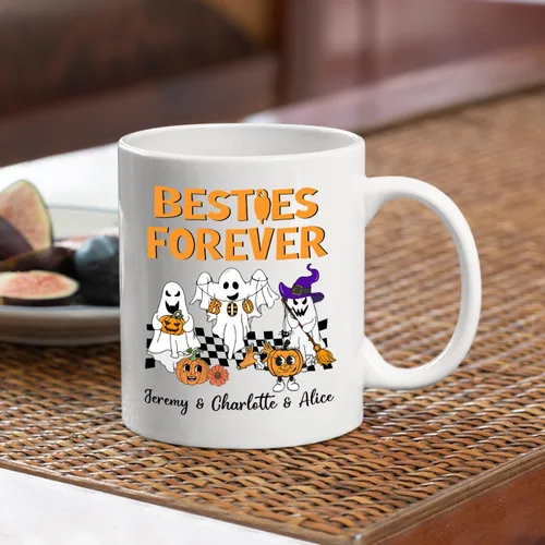 Vista 3 de Taza de café blanca personalizada de Halloween Besties, Besties Forever y 3 tazas de café Boo de 11 onzas y 15 onzas, bonita taza de cerámica Boo