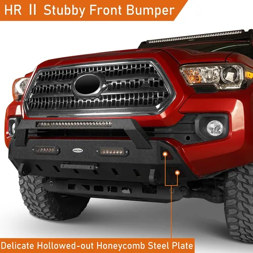 Vista 2 de Parachoques delantero Tacoma Stubby con barra de luz LED de 72 W y soporte de placa de matrícula de acero con textura compatible con camioneta