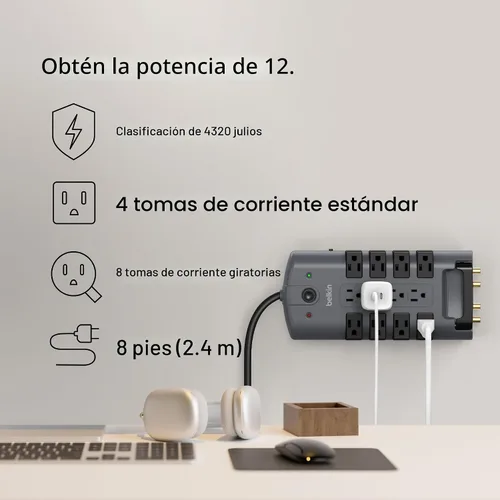 Vista 2 de Regleta giratoria con protección contra sobretensión y protección para teléfono con cable de 6 pies de Belkin Estándar Gris