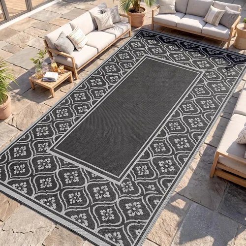 Vista 44 de Outsunny Alfombra de exterior para patio impermeable 9' x 18' rombo negro y Borde rombo negro y gris