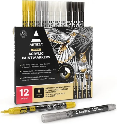 Vista 9 de ARTEZA Marcadores de pintura acrílica metálica, juego de 12 (6 dorados + 6 plateados), puntas extrafinas de 0.069 pulgadas, bolígrafos de pintura a