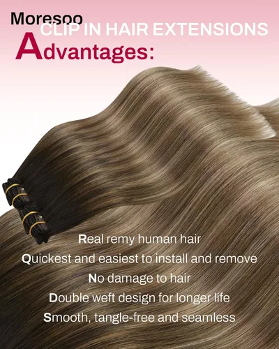 Vista 2 de Moresoo Extensiones de cabello humano con clip, balayage, color marrón oscuro a marrón dorado con clip, extensiones de cabello humano con clip, 5
