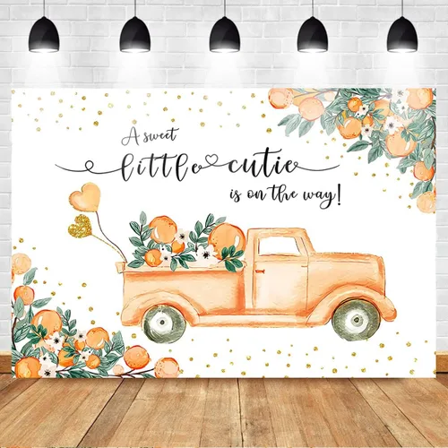 Vista 2 de Mocsicka A Little Cutie - Telón de fondo para baby shower, color naranja y camión, fondo de baby shower, tema mandarina, baby shower, para niña