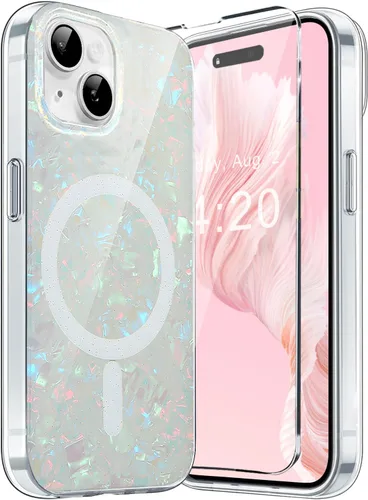 Vista 13 de Funda MagSafe para iPhone 15 Pro para mujeres y niñas, funda magnética iridiscente con purpurina iridiscente de ópalo perlado
