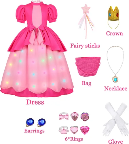 Vista 2 de RAAIBB Disfraz de princesa melocotón iluminado para niñas, disfraz de Halloween, fiesta de cosplay, cumpleaños, con accesorios de corona