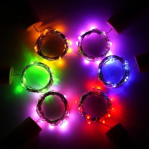 Vista 6 de Luces para botella de vino con corcho, paquete de 6 unidades, funciona con pilas, 15 luces LED en forma de corcho, alambre plateado, miniluces