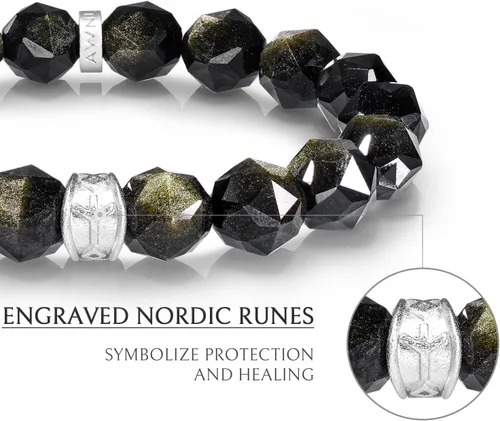 Vista 4 de AWNL Pulsera de cuentas para hombre con dije de plata de ley de 0.394 pulgadas (0.394 in) de oro, obsidiana y ojo de tigre natural, regalo