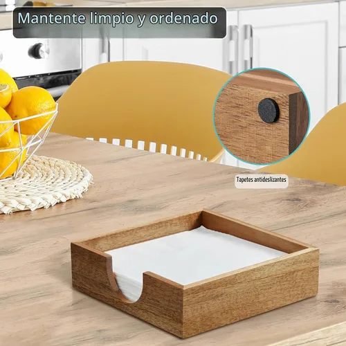 Vista 3 de Servilletero de madera de acacia para mesa, servilleteros para servilletas de papel, servilletero plano para almuerzo, servilleteros para decoración