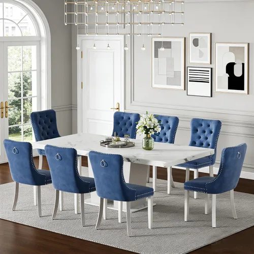 Vista 18 de Henf Juego de mesa de comedor extensible de 5 piezas para 4, mesa de cocina de imitación de mármol de 63"-79" con 4 sillas negras, juego de mesa