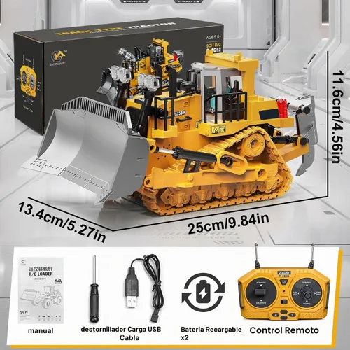 Vista 4 de YESHIN Bulldozer a control remoto, tractor de metal de 9 canales con luces y sonido, juguete de vehículo de construcción de 2.4 GHz, recargable