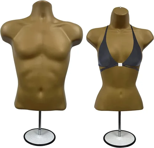 Vista 26 de Maniquí de torso masculino y femenino con soporte de metal, cuerpo con respaldo hueco, apilable, forma de vestido para exhibición de camisetas Negro