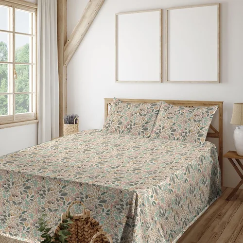 Vista 35 de Ambesonne Floral Sheet Set, Nature Themed Oversimplified Blossom Shaped Pattern Print Artwork, Fitted and Flat Sheet with Pillowcases Bedding Accent