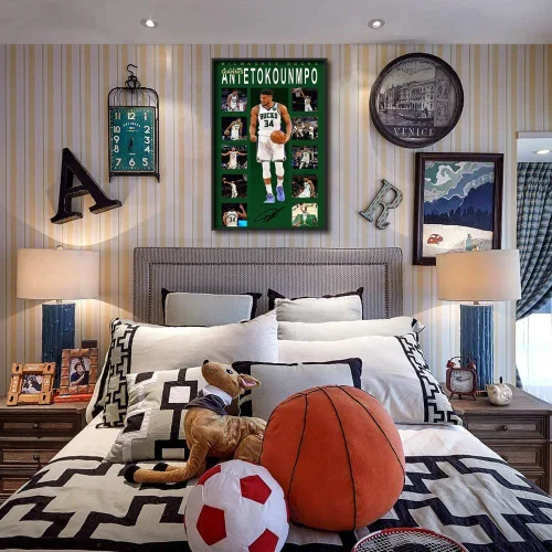 Vista 7 de Póster firmado de la superestrella del baloncesto Giannis Antetokounmpo para niños, decoración de pared, dormitorio, decoración de pared, lienzo