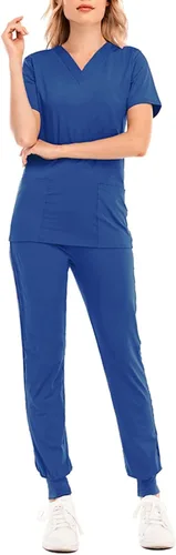 Vista 4 de Conjunto de uniforme médico para mujer, elástico en 4 direcciones, bolsillos ligeros, cuello en V, conjunto de uniforme médico con cordón elástico
