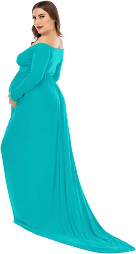 Vista 6 de ZIUMUDY Vestido de maternidad con hombros descubiertos y medio círculo, maxi vestido de fotografía para baby shower