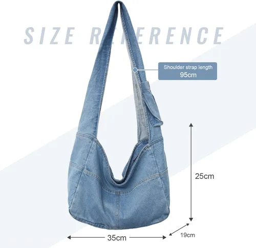 Vista 5 de Bolsas de mezclilla estilo hobo para mujer, estilo retro, para el hombro, estilo casual, para adolescentes, niñas