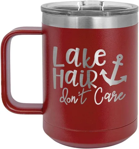 Vista 13 de LAKE HAIR NO CUIDAR Taza de café negra de 15 oz con tapa superior deslizante Taza de café de viaje aislada Ideas de regalo de cumpleaños