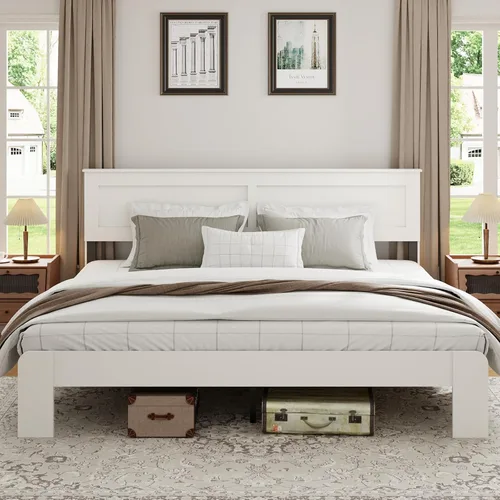 Vista 12 de Base de cama completa de madera con cabecera, base de cama de plataforma rústica de granja con soporte de 12 listones de madera, no necesita somier
