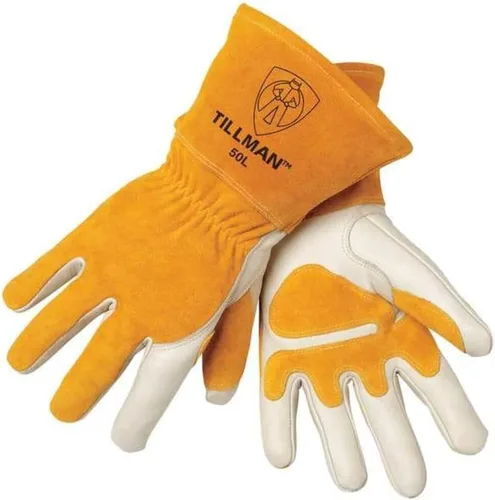 Vista 3 de John Tillman Guantes de Soldador MIG Medianos de 14" de Cuero Vacuno de Grano Superior Dorado y Perlado con Respaldo Dividido, Forrados con Vellón