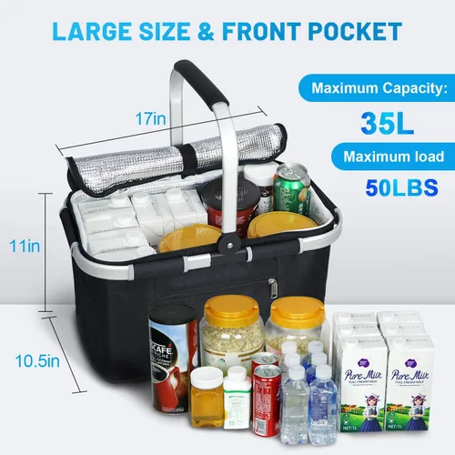 Vista 2 de LIQING - Cesta de picnic grande de 35 L, bolsas de compras para viajes, camping, 2 capas de bolsillos internos a prueba de fugas y aislamiento Negro