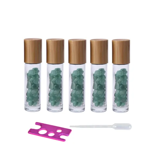 Vista 8 de Paquete de 5 botellas transparentes de 0.3 fl oz con chips de cristal de chakra naturales para aceites esenciales, botellas enrollables de vidrio