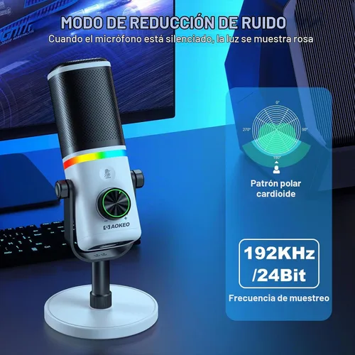Vista 4 de Aokeo Micrófono para PC, AK-10 USB/XLR Micrófono de escritorio dinámico para juegos, podcast, transmisión con luz RGB, control de volumen, botón