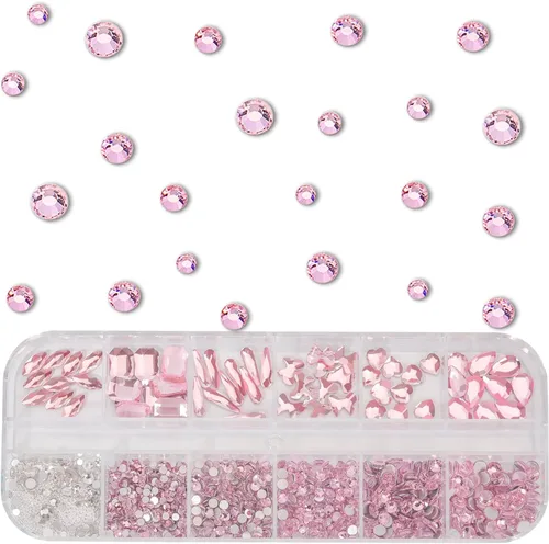 Vista 3 de Kit de diamantes de imitación de cristal 3D rosa claro multiformas para uñas, mezcla de 0.031 in, cuentas redondas plateadas para uñas, gemas