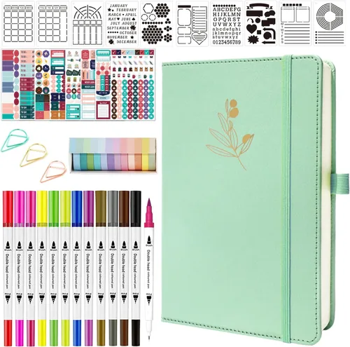 Vista 11 de Y&I - Kit de diario de viñetas punteadas de tapa dura A5 con 184 páginas numeradas, papel grueso de 120GSM, plantillas, calcomanías, bolígrafos