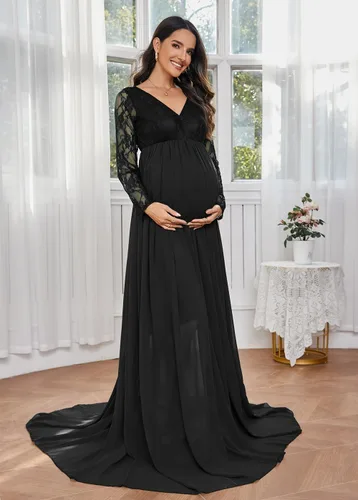 Vista 3 de ZIUMUDY Vestido de maternidad con cuello en V para fotografía de gasa, manga larga, con costuras de encaje, maxi vestido para baby shower