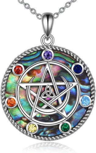 Vista 20 de LUHE Collar de plata de ley con dije de pentagrama de chakras y luna, pentáculo, celta, pagano, wiccano, amuleto mágico para mujeres, adolescentes