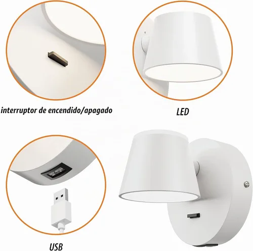 Vista 3 de URSOLA Aplique de pared LED con interruptor de encendido/apagado, puerto de carga USB, lámpara de pared cableada de 110 voltios, apliques giratorios