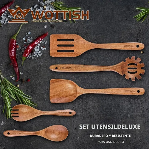 Vista 2 de Cucharas de madera para cocinar, juego de utensilios de cocina de madera de 5 piezas hechos de material de madera maciza natural, incluye cucharas