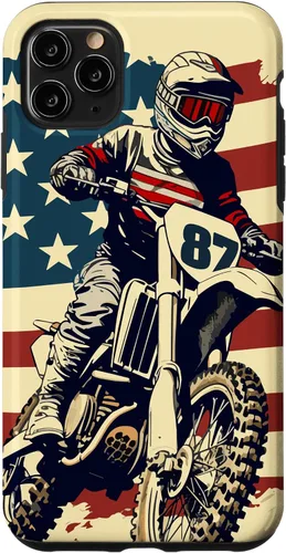 Vista 13 de Funda vintage para iPhone 16 Motocross Rider Dirt Bike con bandera estadounidense