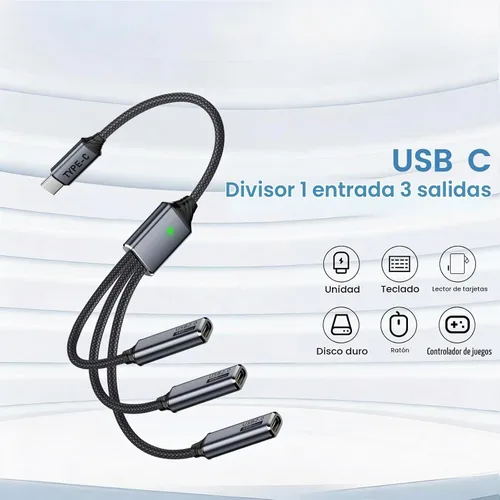 Vista 2 de Divisor USB C 1 en 3 salidas, USBC macho a adaptador múltiple tipo C hembra