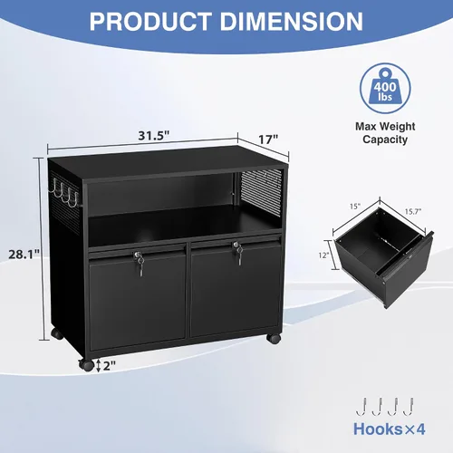 Vista 3 de Archivador de metal con 2 cajones con cerradura, gabinete archivador con soporte para impresora móvil y estantes para archivos de tamaño Negro