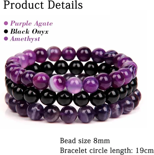 Vista 5 de Risyfjew 3 pulseras de cristal curativo para mujer de 0.315 in de piedra natural con cuentas elásticas de amatista, regalos de joyería
