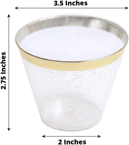 Vista 3 de Tableclothsfactory Paquete de 25 vasos de plástico desechables para fiestas, 9 onzas, con borde dorado y purpurina