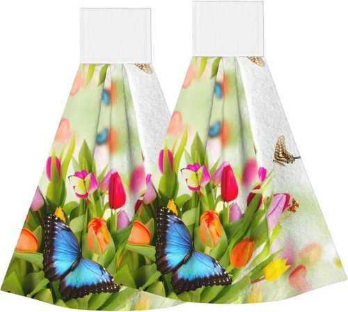 Vista 11 de Juego de 2 toallas de mano colgantes de hortensias azules, acuarela, primavera, pájaro, con lazo para colgar, toallas suaves y absorbentes para baño