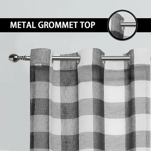 Vista 2 de Cortinas cortas de cuadros de búfalo en blanco y negro, de 63 pulgadas de largo, con paneles para ventana, estilo granja, para sala de estar