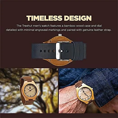 Vista 3 de Treehut - Reloj de pulsera para hombre de cuarzo de madera con correa de cuero de calidad superior