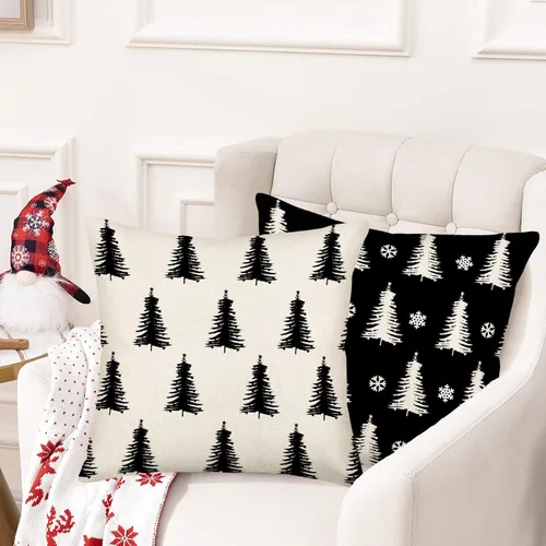 Vista 3 de Fundas de almohada decorativas para árbol de Navidad en blanco y negro de 16 x 16 pulgadas, juego de 2 fundas de almohada con diseño de árboles