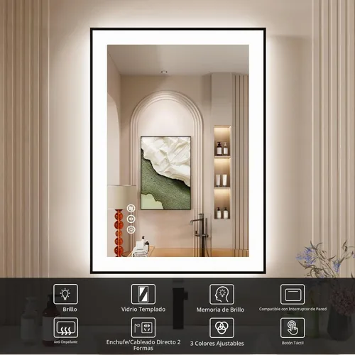 Vista 2 de Espejo de baño LED de 20x28 pulgadas con marco negro, espejos de baño retroiluminados y con luz frontal para pared, antiempañamiento, regulable