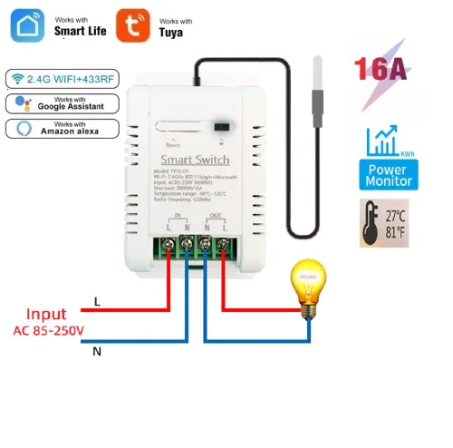 Vista 2 de Módulo de sensor de controlador de temperatura WiFi, aplicación Tuya, control remoto inalámbrico de 16 A, interruptor inteligente con monitoreo