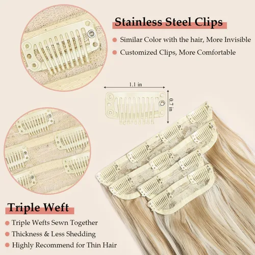 Vista 4 de Extensiones de cabello rubio con clip, de 22 pulgadas, extensiones de cabello largo y rizado con clip, 4 unidades, extensiones de cabello sintético