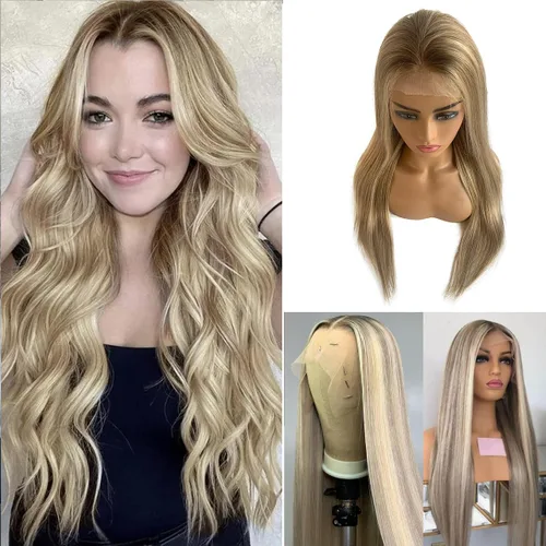 Vista 10 de Pelucas de cabello humano lacio con encaje frontal, color castaño cenizo degradado a rubio 613 con raíces oscuras 13x6 HD, peluca frontal de encaje