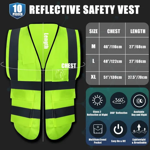 Vista 2 de Chaleco de seguridad reflectante de 10 piezas con bolsillos y cremallera de alta visibilidad para mujeres y hombres, trabajo, construcción, ciclismo
